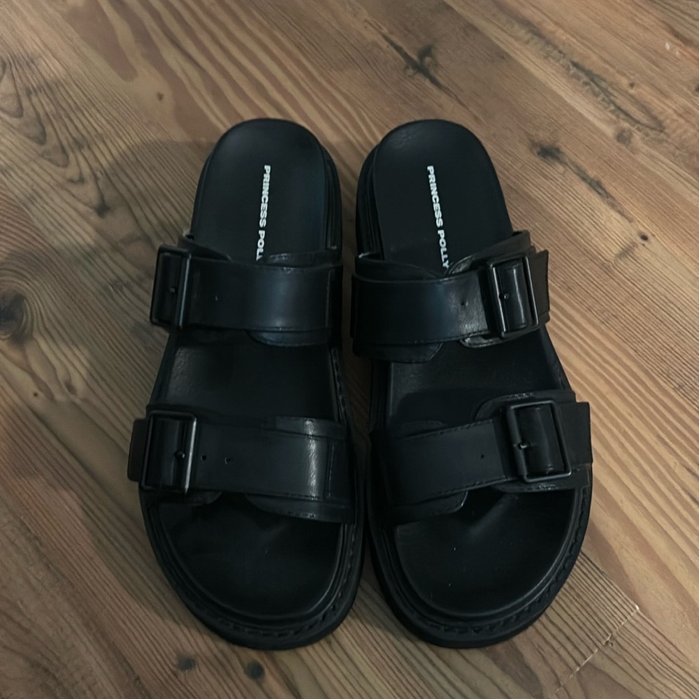 Princess Polly Black Double-Buckle Slide Sandals